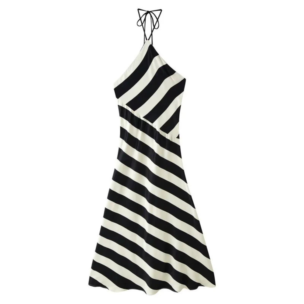 ZARA Trendy Black White Striped Halter Neck Dress